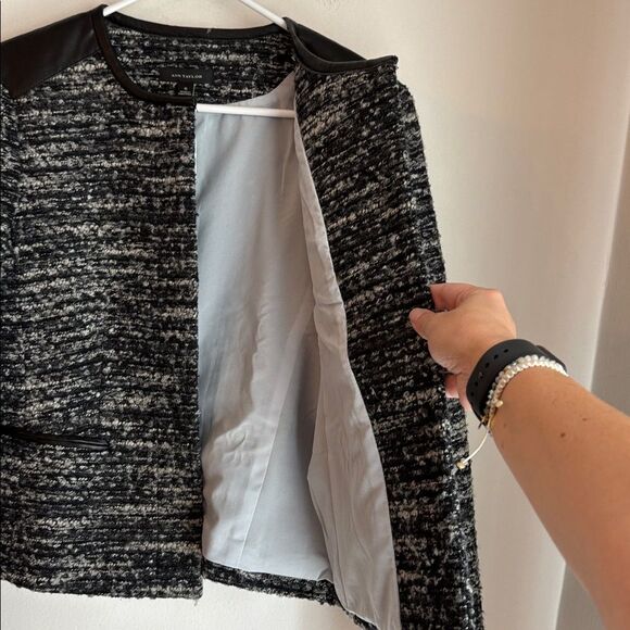 Ann Taylor Wool blend Tweed Day leather Black Gray cropped Blazer Womens 6 NWT - Picture 12 of 14